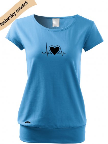 dámské triko city s VELKÝM dtf potiskem horský tep nebesky modrá