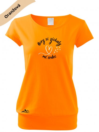 dámské triko city s VELKÝM dtf potiskem hory a srdce oranžová