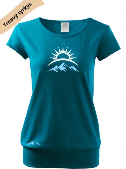dámské triko city s VELKÝM dtf potiskem východ slunce tmavý tyrkys