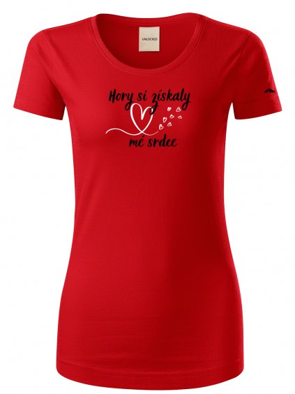 Červené dámské tričko s motivem hory a srdce
