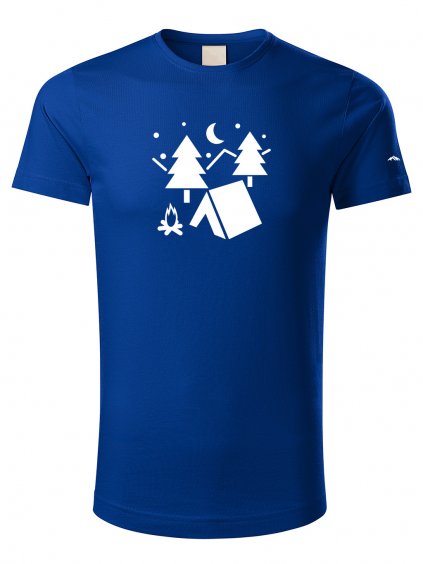 Pánské tričko s potiskem UNLOCKED hory a kemp tmavě modrá