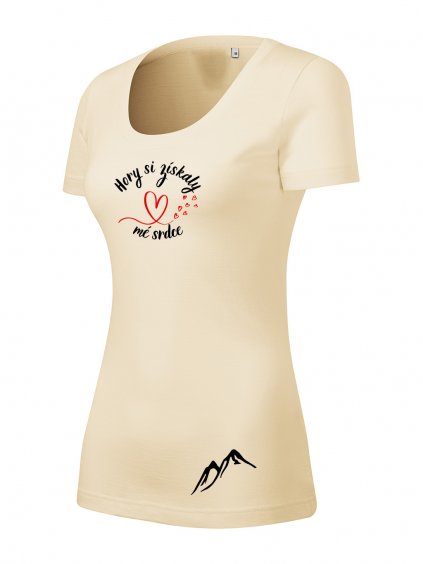 Dámské tričko z merino vlny s potiskem UNLOCKED hory a srdce mandlová