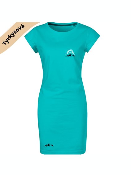 VÝPRODEJ/ Dámské šaty s potiskem tyrkysové vel. M ušité v ČR bez kapes- východ slunce