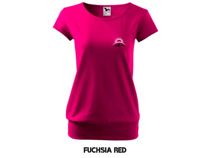 Voľné tričko CITY s výšivkou UNLOCKED vychod slnka fuchsia red