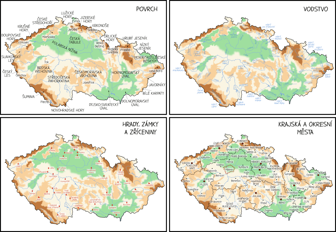 Obrázkové Česko - přehledové mapy měst, vodstva a povrchu
