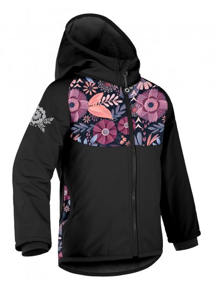 Unuo, Dětská softshellová bunda s fleecem Basic, Černá, Kouzelné květiny