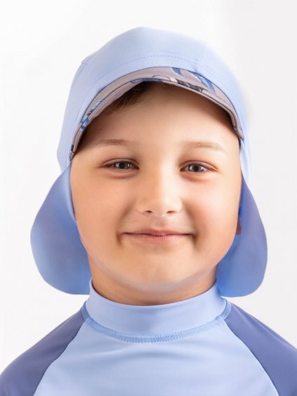 Unuo, Dětská kšiltovka s plachetkou a UV ochranou 50+, Sv. Modrá, Velryby (Velikost M (49-52 cm))
