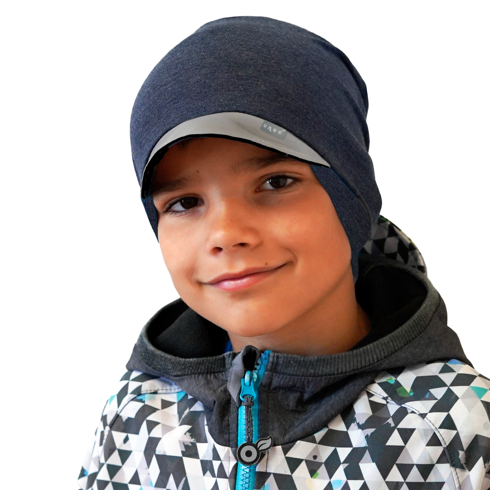 Unuo Dětská čepice z teplákoviny s reflexním kšiltem spadená, Jeans temný, Černá, S (45 - 48 cm)
