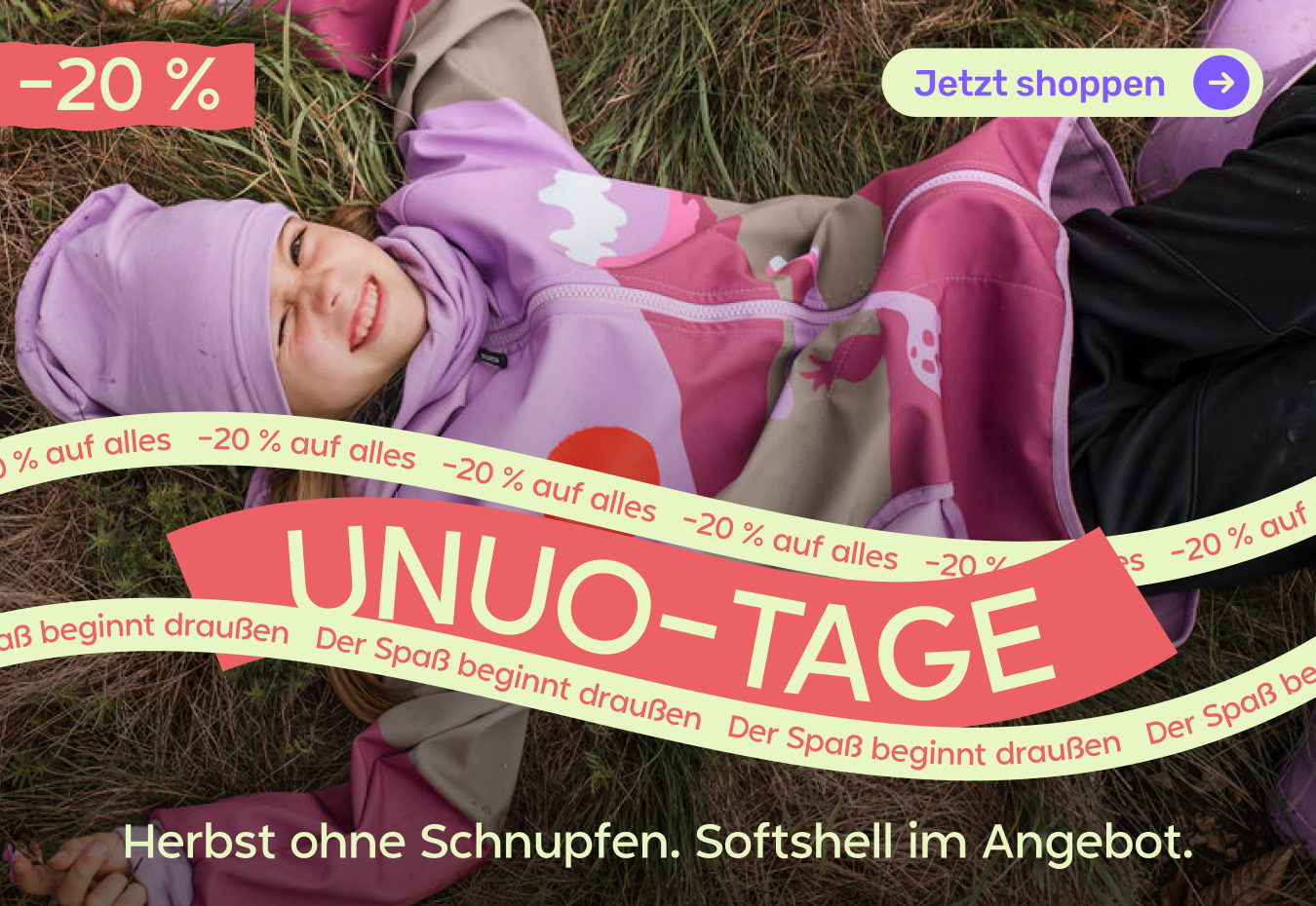 Die Aktion Unuo-Tage findet vom 10.10. bis 18.10.2026 statt. Kinder-Softshellbekleidung, Herbstjacken, Hosen, Fleece-Mützen, Mützen und Handschuhe von Unuo halten Kinder auch bei herbstlichem Schmuddelwetter trocken und warm. Sichern Sie sich einen Rabatt