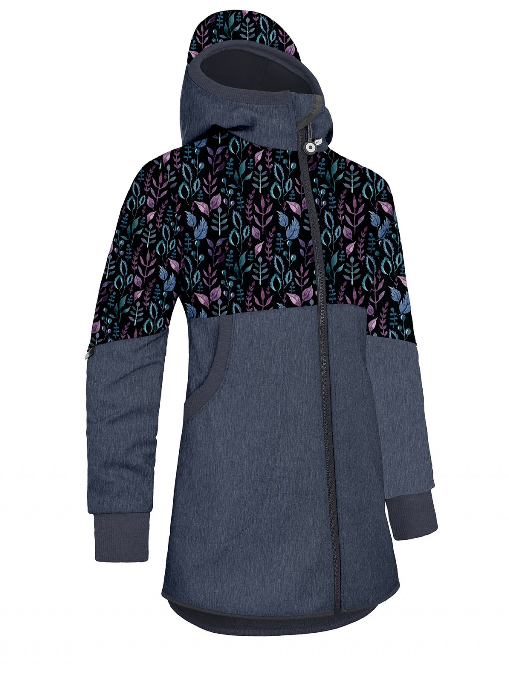 Unuo, Dívčí softshellový kabát s fleecem Street, Žíhaná Tm. Modrá, Lístečky (Velikost 98/104)