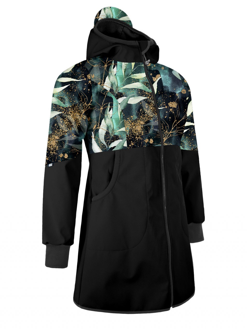 Unuo, Dámský softshellový kabát s fleecem Street, Černá, Listy a větvičky (Velikost XS)