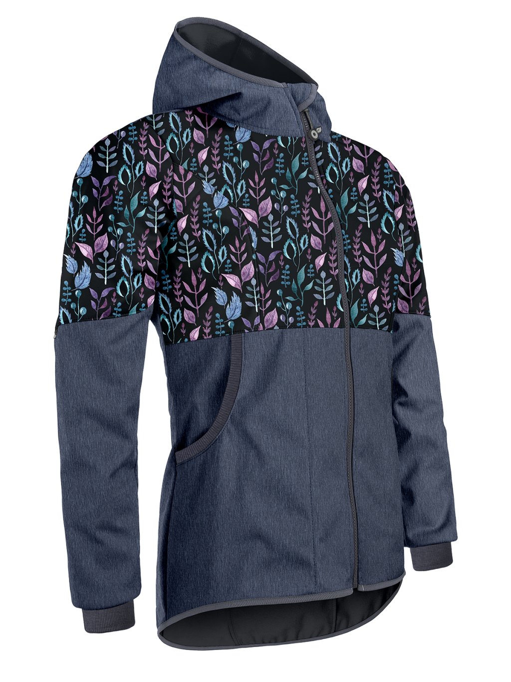 Unuo, Dámská softshellová bunda s fleecem Street, Žíhaná Tm. Modrá, Lístečky (Velikost 3XL)