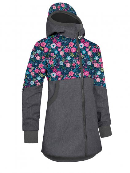Unuo, Dívčí softshellový kabát s fleecem Street, Žíhaná Antracitová, Květinky (Velikost 98/104)