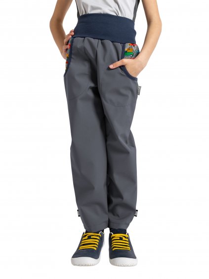 Unuo, Dětské softshellové kalhoty s fleecem Basic, Tm. Šedá, ZOO na výletě (Velikost 98/104)