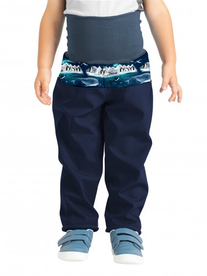 Unuo, Batolecí softshellové kalhoty s fleecem Basic, Tm. Modročerná, Tučňáci (Velikost 80/86)