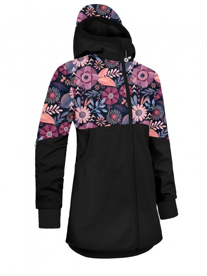 Unuo, Dívčí softshellový kabát s fleecem Street, Černá, Kouzelné květiny (Velikost 98/104)