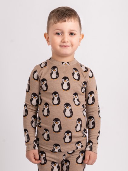 Unuo, Dětské merino triko s dlouhým rukávem Nature, Černá, Tučňáci (Velikost 98/104)