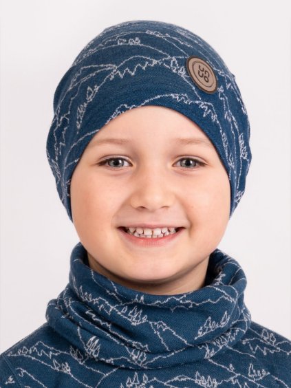 Dětská merino čepice Basic, Kobaltová, Hory kluk