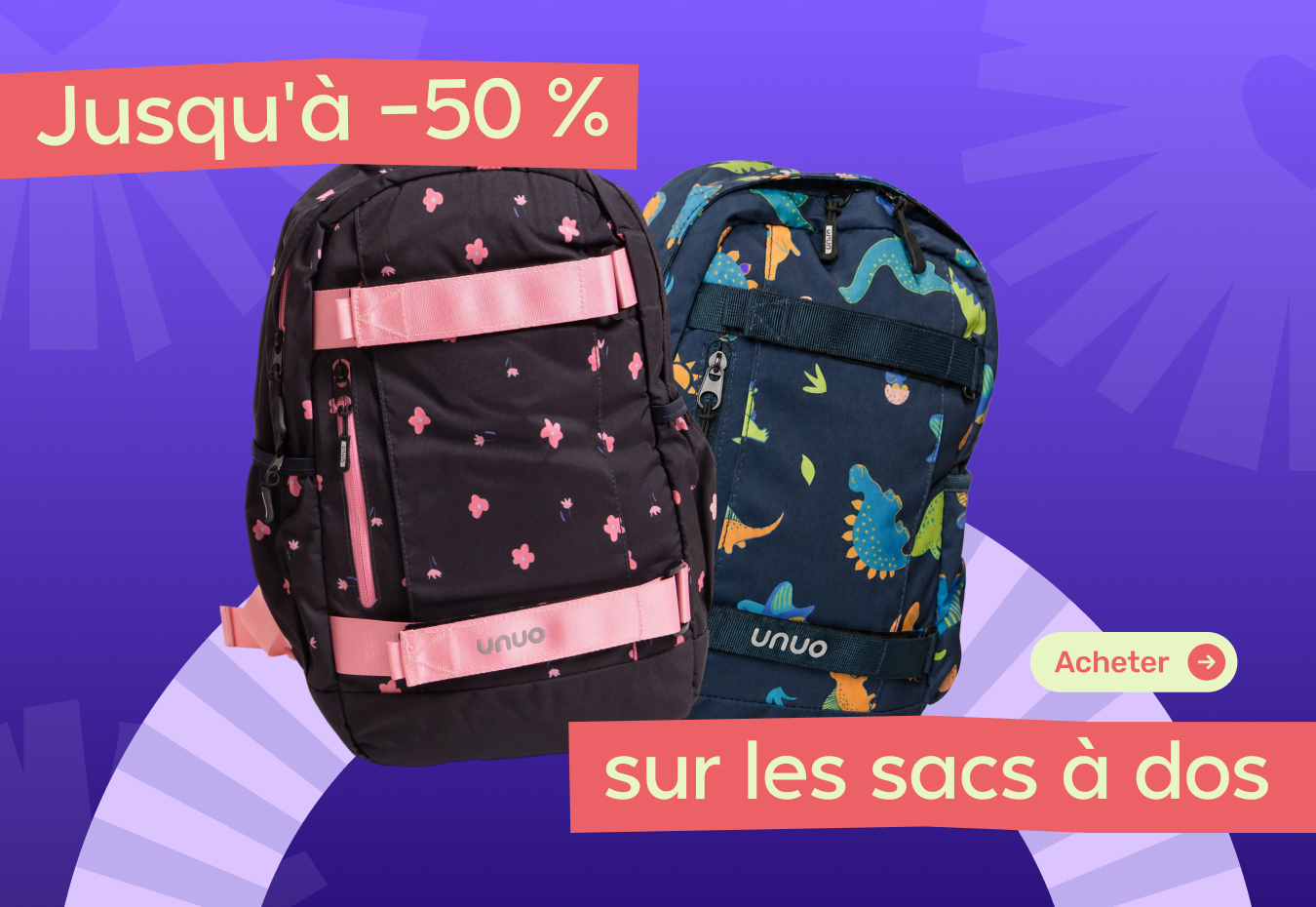 Sacs à dos pour enfants Unuo en promotion pour 2026. Sacs à dos scolaires, préscolaires et de loisirs avec jusqu'à 50 % de réduction sur l'e-boutique pour les clients dans toute la France. Offre spéciale de mai en FR valable du 14/05 au 18/05/2026.
