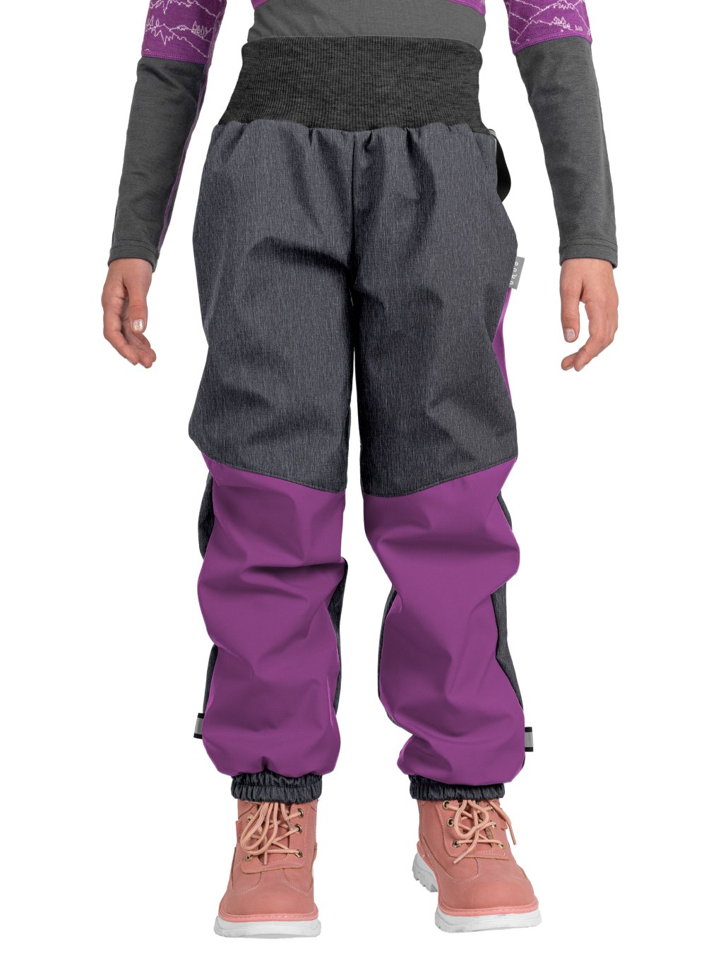 Dětské softshellové oteplovačky s fleecem Plus, Ostružinová, Žíhaná Antracitová, Jednorožci