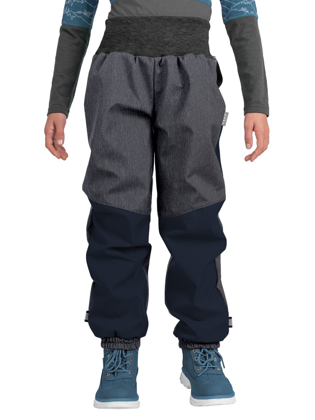 Dětské softshellové oteplovačky s fleecem Plus, Tm. Modročerná, Žíhaná Antracitová, Tučňáci