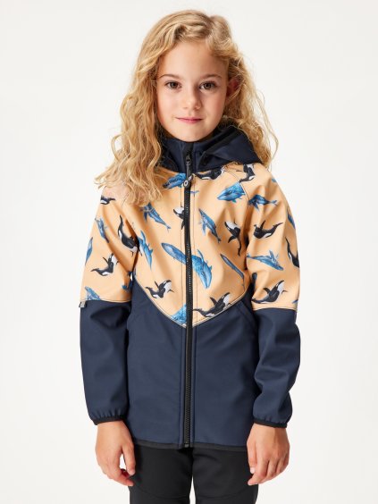 Dětská softshellová bunda s fleecem Slim, Tm. Modročerná, Meruňková, Velryby