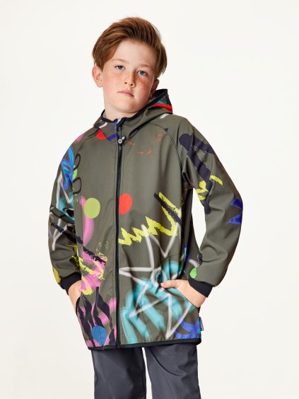 Unuo, Dětská softshellová bunda bez zateplení pružná Basic, Khaki, Fantazie (Velikost 152/158)