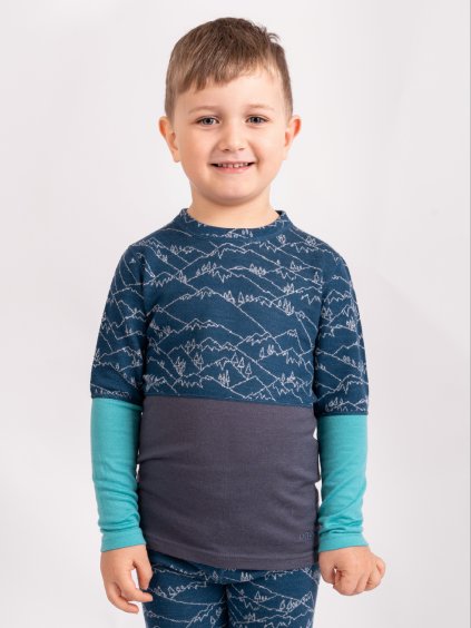 Dětské merino triko s dlouhým rukávem Nature, Kobaltová, Hory kluk