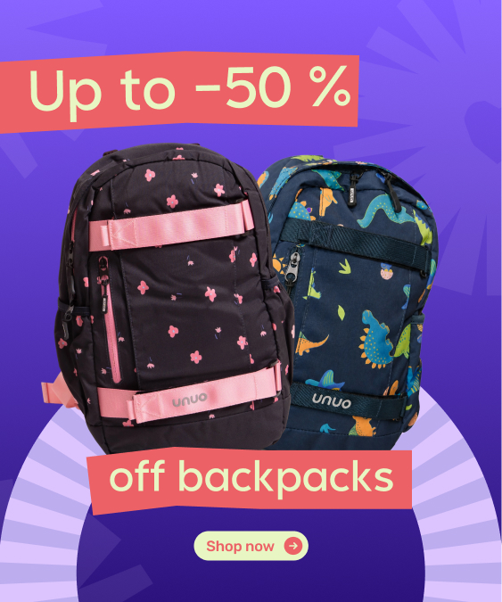 Unuo kids' backpacks on sale for 2026. School, preschool, and leisure backpacks with up to 50% off in the e-shop for customers across the Netherlands. Special May offer in NL valid from May 14 to May 18, 2026.
