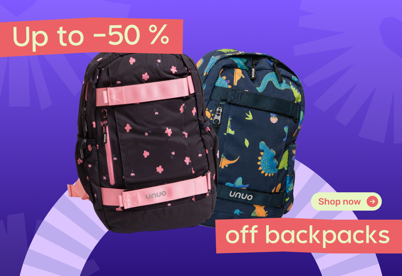 Unuo kids' backpacks on sale for 2026. School, preschool, and leisure backpacks with up to 50% off in the e-shop for customers across the Netherlands. Special May offer in NL valid from May 14 to May 18, 2026.