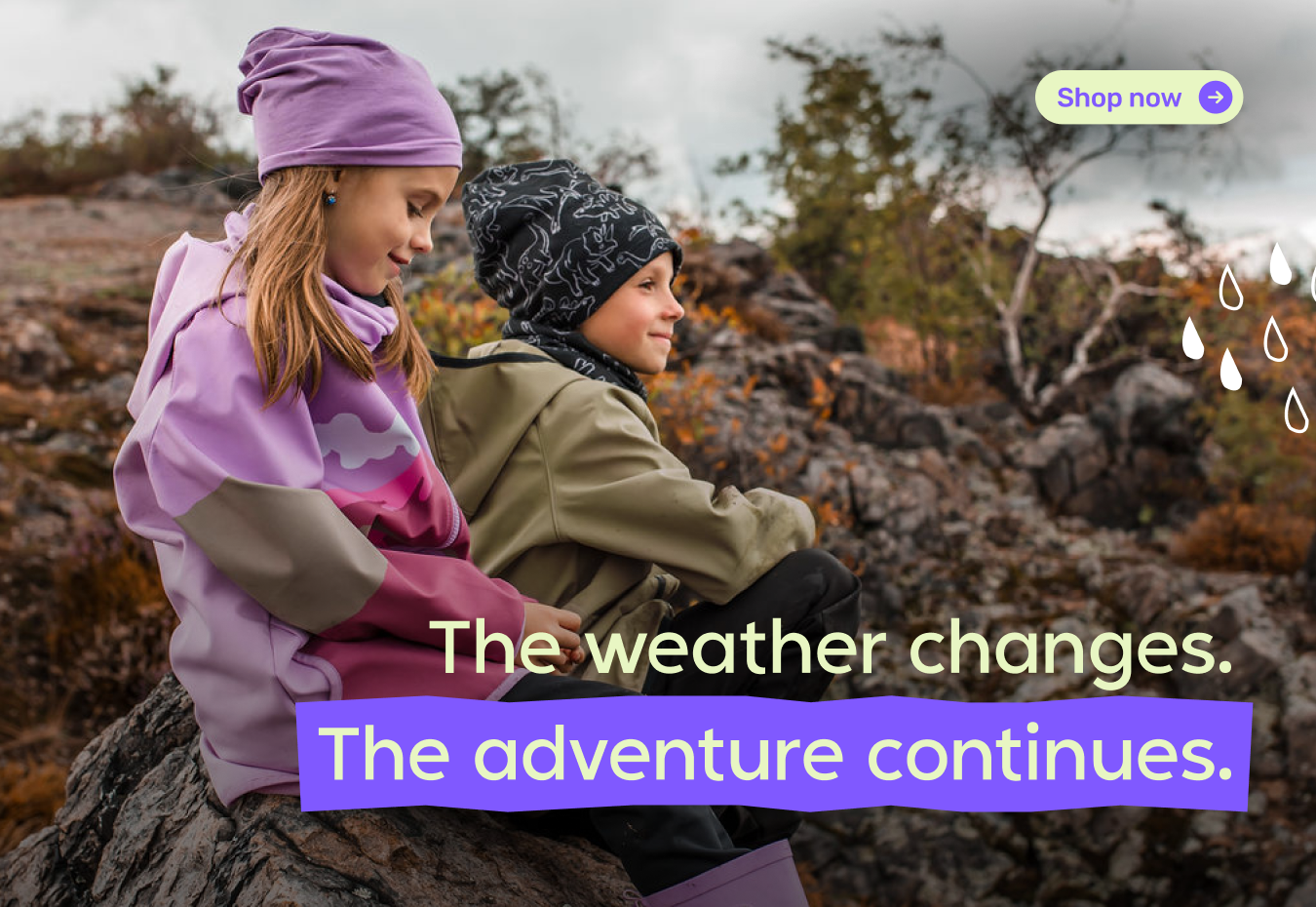 Unuo kids' autumn softshell clothing for cold and rainy days. Choose fleece-lined softshell jackets and trousers, warm hoodies, caps, and neck warmers. Keeps children dry and warm during every adventure.