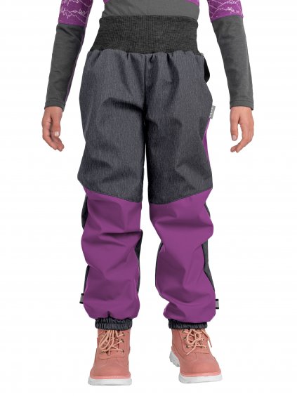 Dětské softshellové oteplovačky s fleecem Plus, Ostružinová, Žíhaná Antracitová, Jednorožci