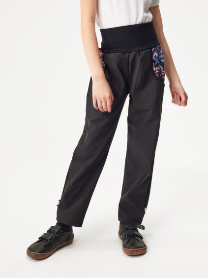 Dětské softshellové kalhoty s fleecem Basic, Černá, Kouzelné květiny