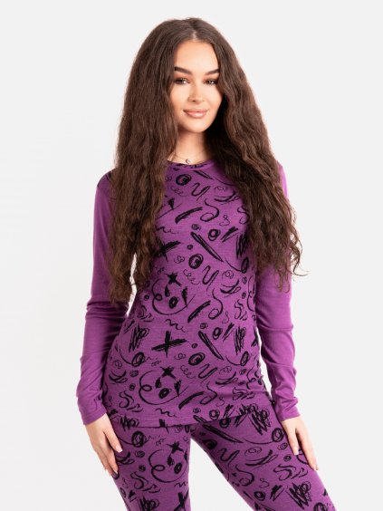 Dámské merino triko s dlouhým rukávem Nature, Ostružinová, Kresba