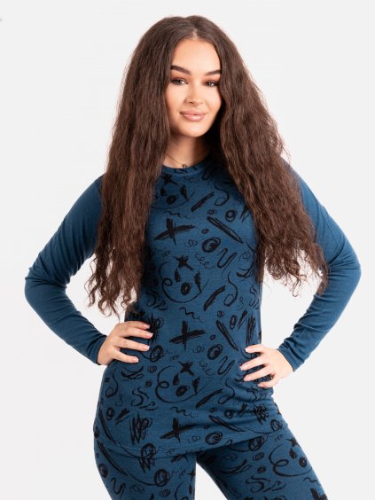 Dámské merino triko s dlouhým rukávem Nature, Petrolejová, Kresba