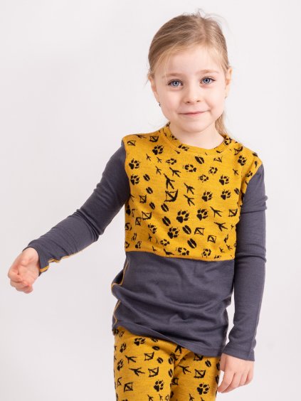Dětské merino triko s dlouhým rukávem Nature, Hořčicová, Lesní stopy