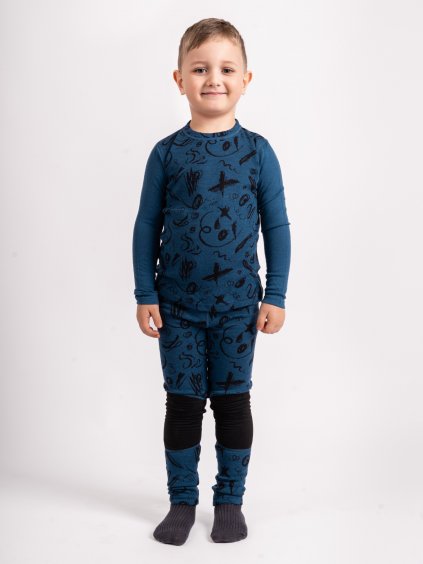Dětské merino triko s dlouhým rukávem Nature, Petrolejová, Kresba