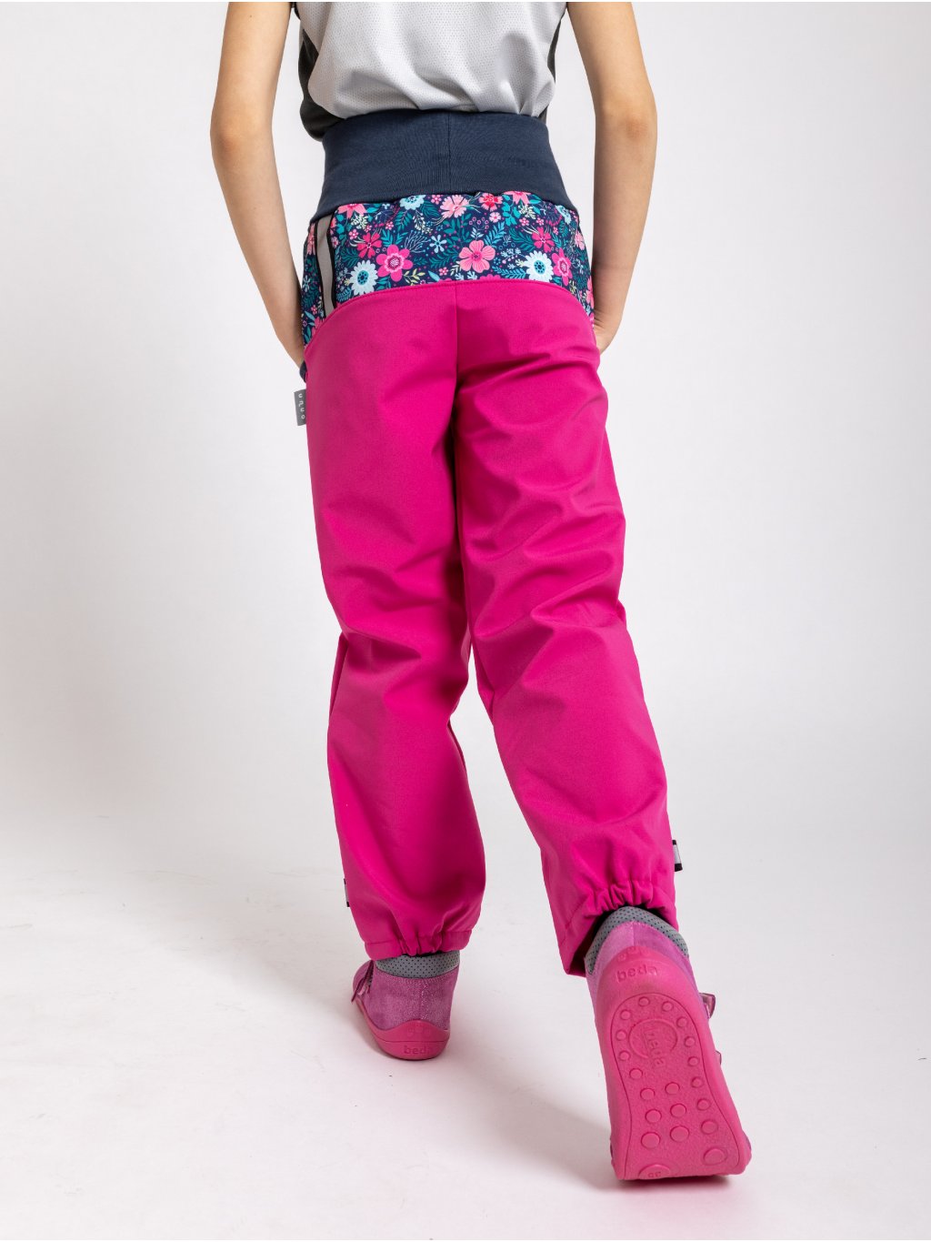 Unuo, Dětské softshellové kalhoty s fleecem, Fuchsiová, Květinky