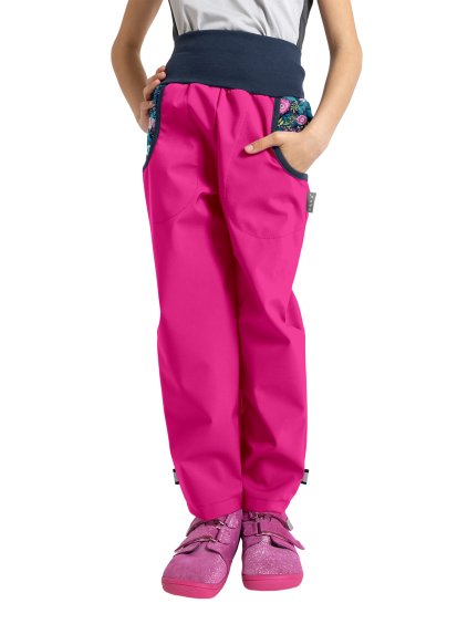 Unuo, Dětské softshellové kalhoty s fleecem Basic, Fuchsiová, Květinky (Velikost 98/104)
