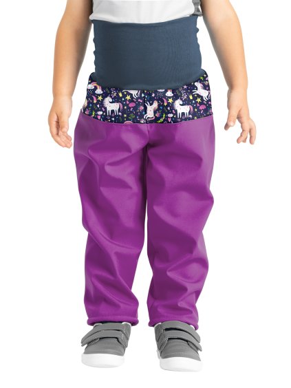 Unuo, Batolecí softshellové kalhoty s fleecem Basic, Ostružinová, Jednorožci (Velikost 80/86)