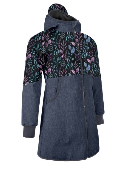 Unuo, Dámský softshellový kabát s fleecem Street, Žíhaná Tm. Modrá, Lístečky (Velikost XS)