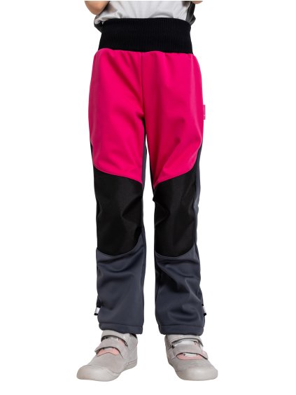 Unuo, Dětské softshellové kalhoty s fleecem pružné Flexi, Tm. Šedá, Fuchsiová (Velikost 98/104)
