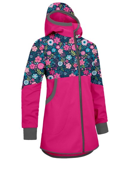 Unuo, Dívčí softshellový kabát s fleecem Street, Fuchsiová, Květinky (Velikost 98/104)