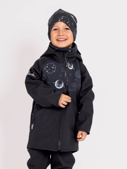 Unuo, Dětská softshellová bunda s fleecem Basic, Černá, Planety (Velikost 98/104)