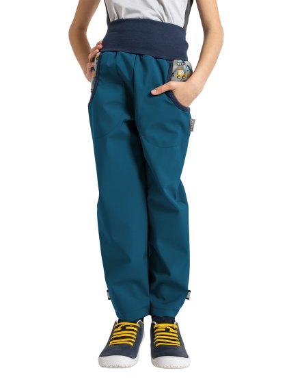 Unuo, Dětské softshellové kalhoty s fleecem Basic, Kobaltová, Bagry (Velikost 98/104)