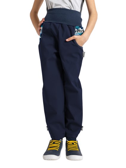 Unuo, Dětské softshellové kalhoty s fleecem Basic, Tm. Modročerná, Tučňáci (Velikost 98/104)
