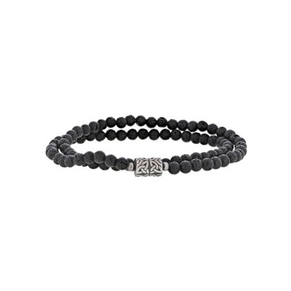 double bracelet with volcanic lava beads and engraved matt steel tubular bead 3 318628LA