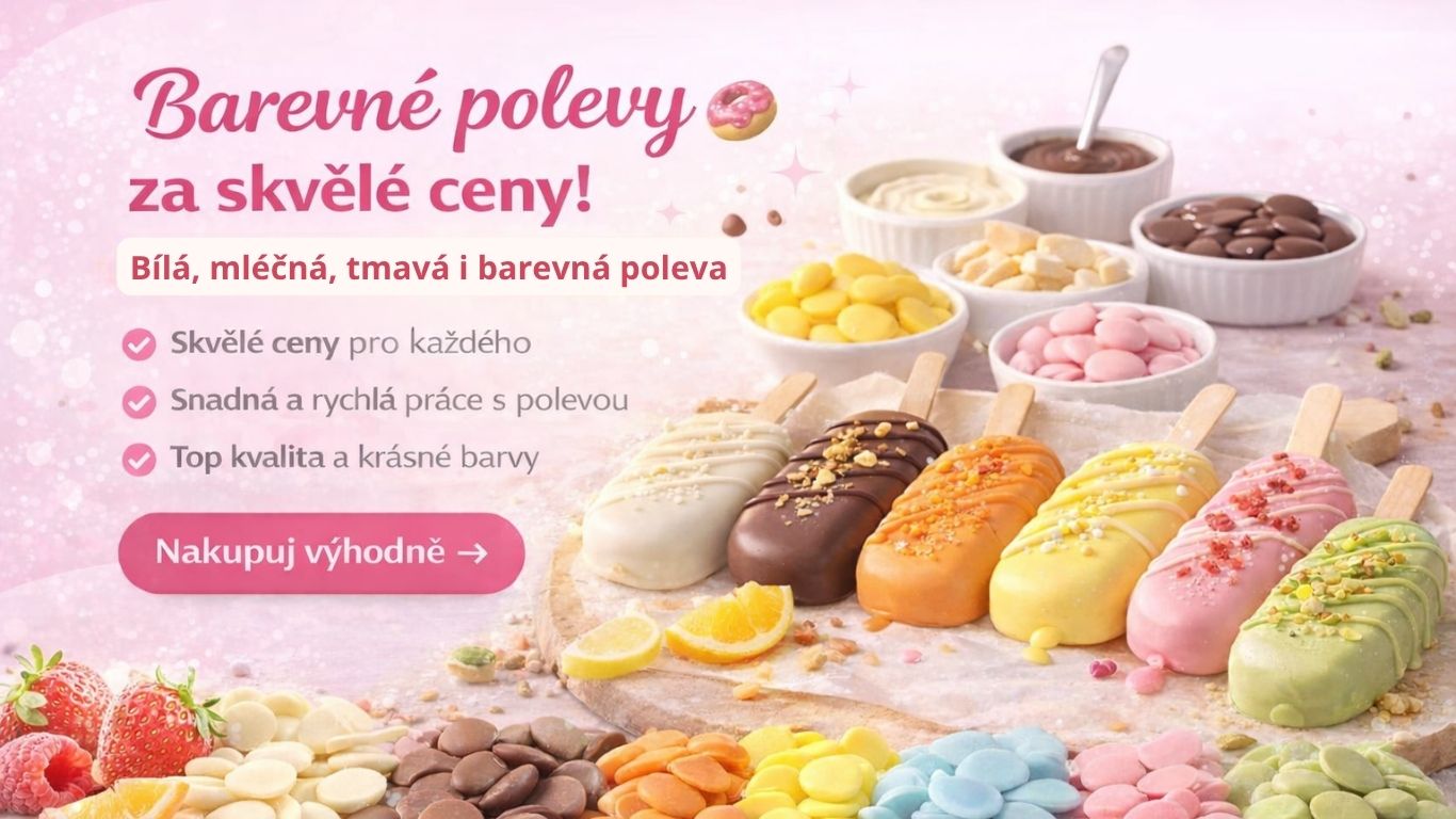 Barevné cukrové posypy různých tvarů a barev na růžovém banneru s textem ‚Až 20 druhů cukrových posypů‘.