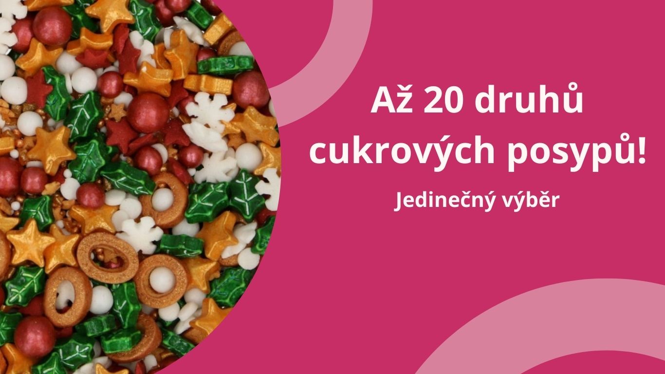 Barevné cukrové posypy různých tvarů a barev na růžovém banneru s textem ,Až 20 druhů cukrových posypů‘.