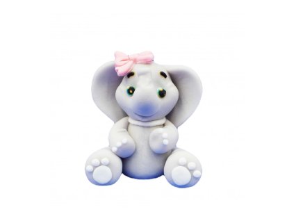 Cukrová dekorace – slon s růžovou mašlí